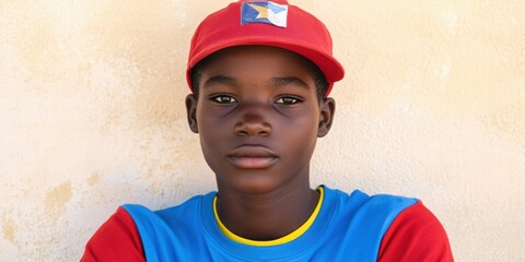 A young boy wearing a red hat and a blue shirt. He is looking at the camera. The hat has a star on it