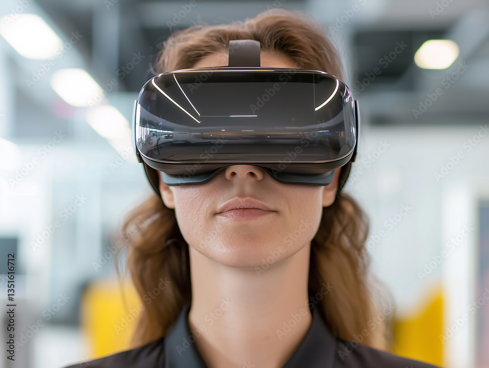 Poster woman testing virtual reality headset in tech lab, focused and immersed in experience. modern settin