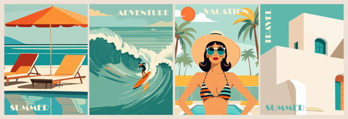 Set of summer posters in retro style. Summer vacations, holidays, travel concept. Colorful vector art illustrations.