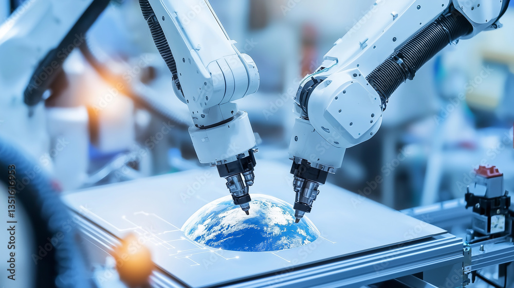 Poster Robotic arms intricately design digital globe on screen, showcasing advanced technology and innovation. scene highlights precision and futuristic engineering