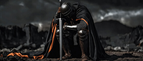 Medieval warrior kneeling before sword stuck in ground surrounded by glowing fire and dark clouds
