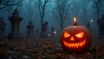 Glowing Jack O' Lantern Displayed in a Foggy Graveyard Setting with Carved Face and Candlelight, Perfect for Halloween Night and Spooky Season, Creating an Eerie Atmosphere