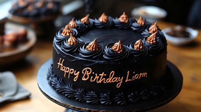 A black cake with gold frosting and the words Happy Birthday Liam written on it