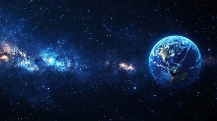 Obraz premium Vast Space with Dark Blue Background and Stars, Centered Earth in Hyper-Realistic Rendering, Floating Amidst Galaxies, Capturing the Majesty of the Cosmos