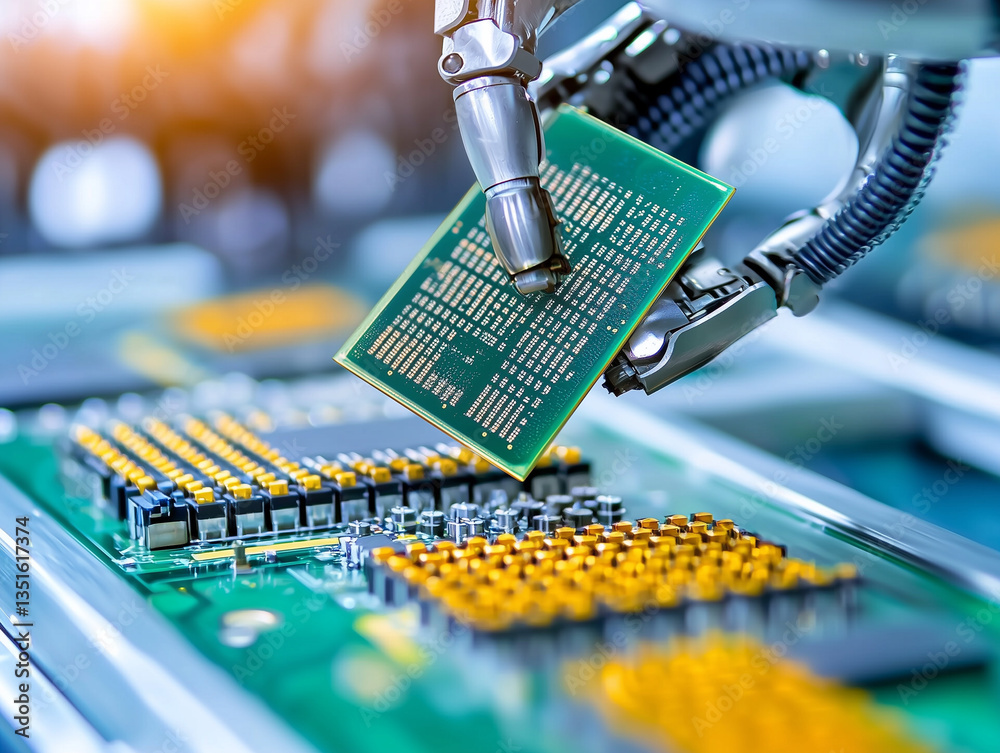 Poster robotic arm claw delicately places microchip onto circuit board, showcasing precision and advanced t