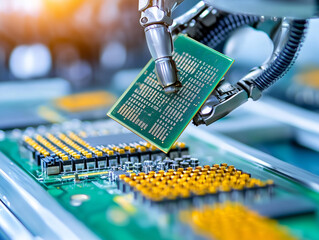 robotic arm claw delicately places microchip onto circuit board, showcasing precision and advanced technology in electronics manufacturing