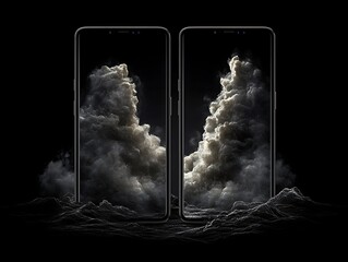 Two modern smartphones feature an abstract stormy cloud formation artwork