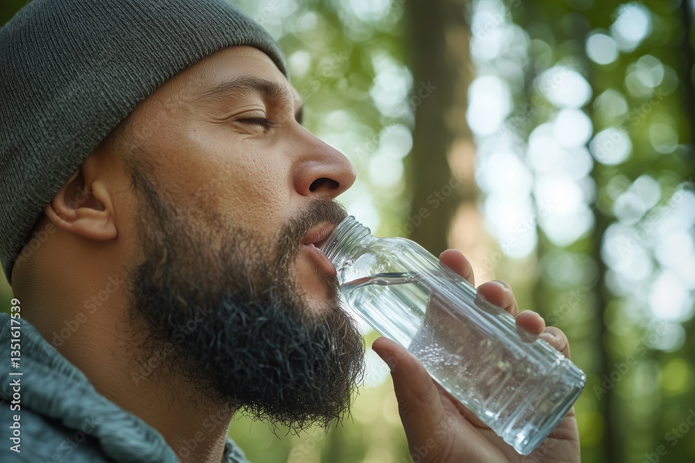 Poster bearded man in beanie drinks water from clear bottle in forest setting, enjoying refreshing moment. 