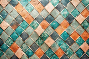Teal Peach Coral Diamond Tile Wall Closeup Rustic Texture Background