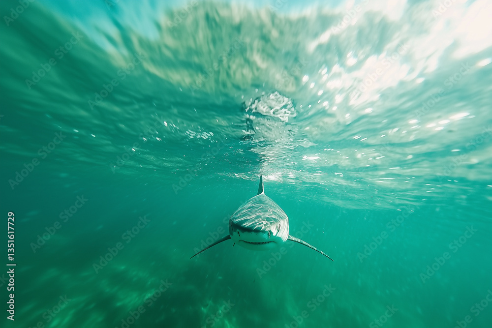 Poster shark swims dynamically towards camera, creating sense of motion and excitement in clear turquoise water. sunlight filters through surface, adding dramatic effect