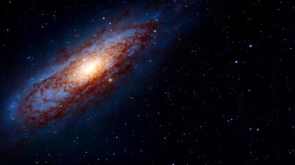Obraz premium A vibrant spiral galaxy, swirling with hues of orange and blue, set against a backdrop of countless stars