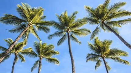 Fototapeta premium Tropical Palm Trees from Ground View with Blue Sky Background, Perfect for Instagram Story or Phone Wallpaper, Capturing Exotic Vacation Vibe