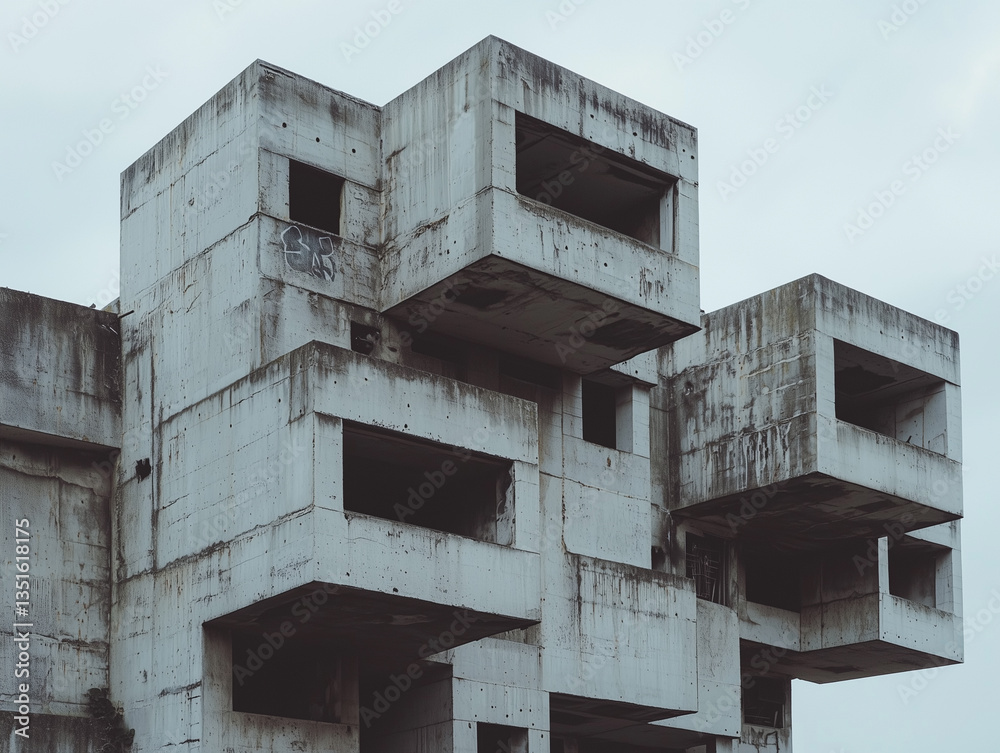 Poster series of stacked, weathered concrete blocks form abandoned, brutalist structure against cloudy sky,