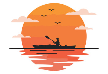 Sunset Kayaking Adventure, very simple design, white background, vector illustration, Group of adventurers kayaking across calm waters during a breathtaking sunset