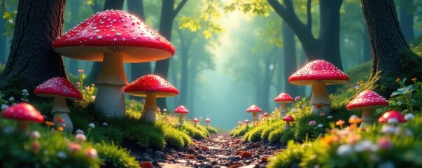 Giant mushrooms, checkered path, whimsical forest , alice, journey, illustration