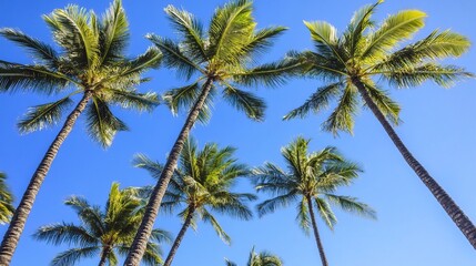 Fototapeta premium Tropical Palm Trees from Ground View with Blue Sky Background, Perfect for Instagram Story or Phone Wallpaper, Capturing Exotic Vacation Vibe
