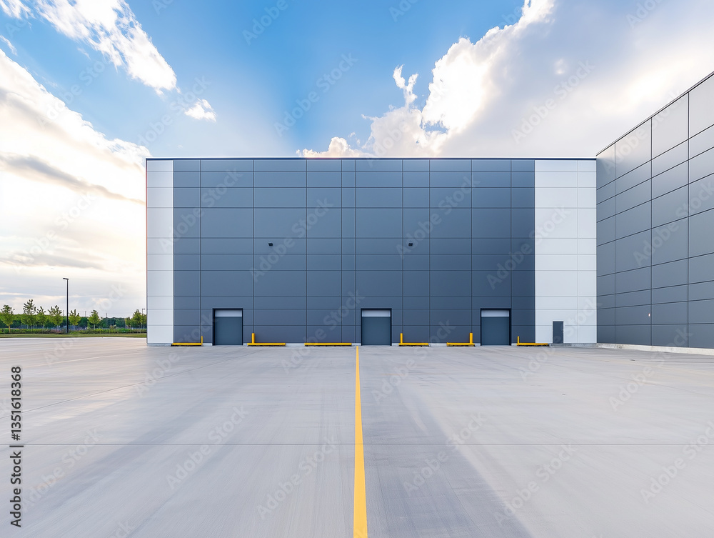 Poster modern industrial fulfillment center with sleek architecture features large, empty concrete parking 