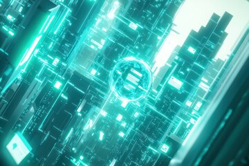 Obraz premium A futuristic city made up of luminous skyscrapers in teal and white hues, interconnected by glowing digital lines