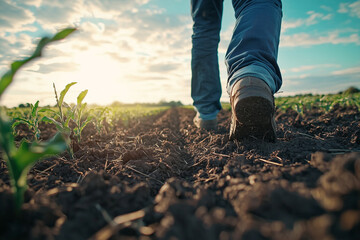 person walking through field at sunset, wearing jeans and boots, with young crops growing in soil. low camera angle emphasizes vastness of field and open sky