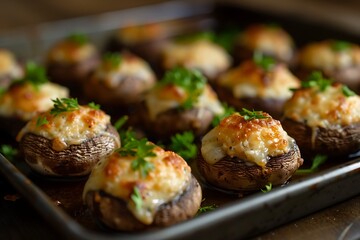 A tray of bite-sized stuffed mushrooms with a cheesy filling, garnished with fresh herbs