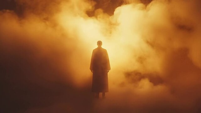 A man stands in the middle of a cloud of smoke, looking at the sun. Smooth repeating motion for background video animation.
