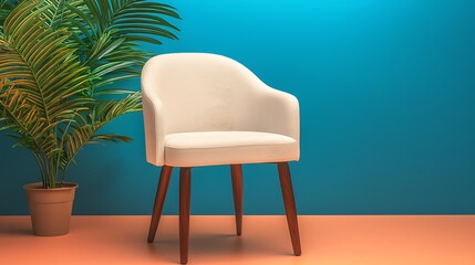 Fototapeta premium A white armchair with wooden legs sits against a teal wall, next to a potted palm plant on an orange floor