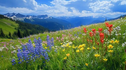 A spring meadow in the mountains with wildflowers in bloom. 