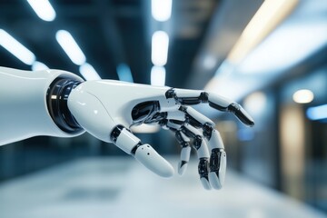 Close-up of a white robot hand with black details reaching out to touch something in a futuristic office