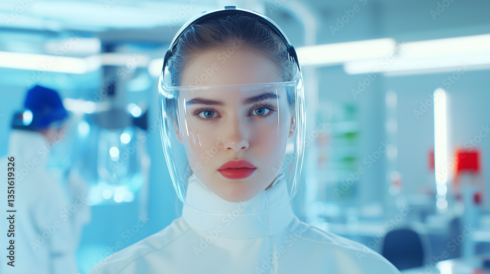 Poster woman in futuristic lab wearing transparent face shield and white attire looks directly at camera, c