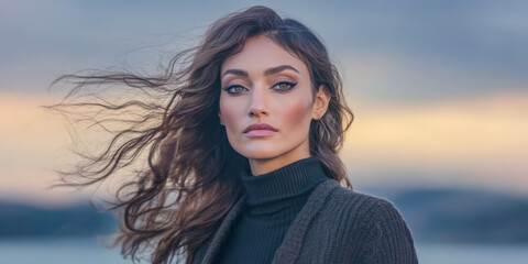 Fototapeta premium Woman posing outdoors with flowing hair against a scenic background at sunset