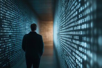 man stands in dimly lit corridor surrounded by glowing binary code on walls, creating futuristic and mysterious atmosphere. scene suggests themes of technology and digital exploration