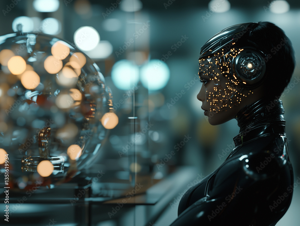 Poster futuristic female android with illuminated circuitry stands in high tech environment, gazing at glow