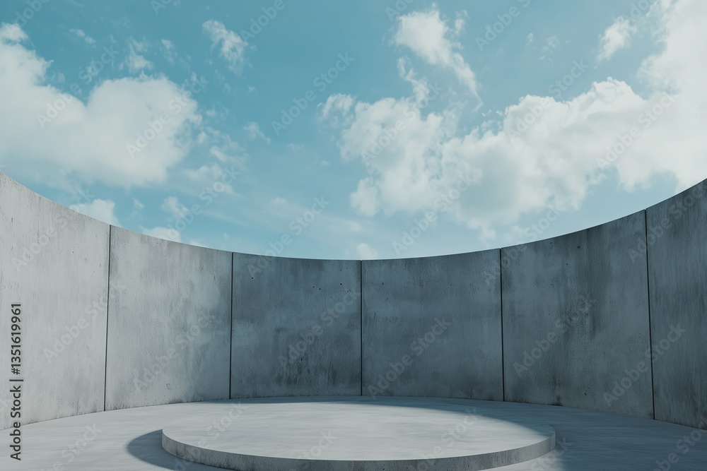 Poster wide shot of circular concrete platform surrounded by tall, curved concrete walls under bright blue 