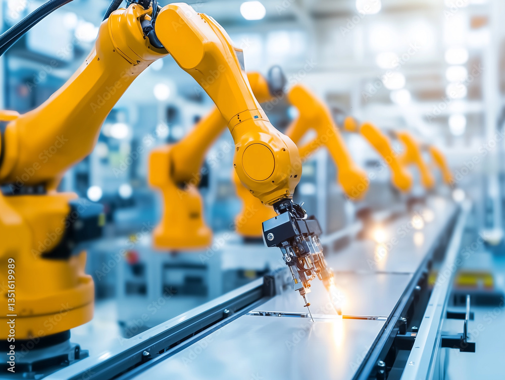 Aufkleber Robotic arms work in harmony on assembly line in modern factory, showcasing advanced automation and precision engineering. bright environment highlights innovation
