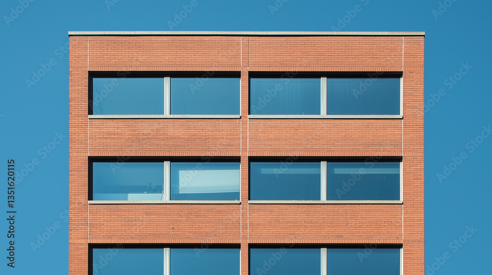 Aufkleber modern brick building with large windows is captured from low angle against clear blue sky, showcasi