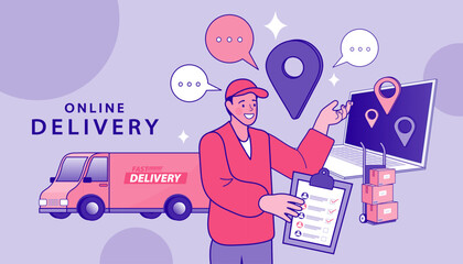 fast online delivery service. Hands holding a package box with groceries out of mobile screen. Food delivery.
