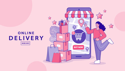 Fototapeta premium A happy woman uses a mobile app to order products and track the online delivery. A large stack of packages next to the smartphone illustrates a successful shopping haul from an e-commerce store.