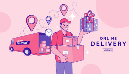 fast online delivery service. Hands holding a package box with groceries out of mobile screen. Food delivery.
