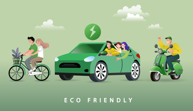 A set of green transport options. This vector illustration shows people using an EV, an electric scooter, and a bicycle for an eco friendly lifestyle.