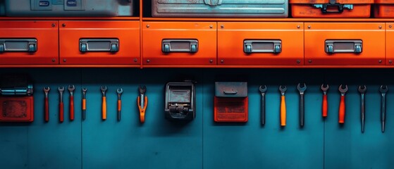 Organized workshop with vibrant orange tool drawers and a variety of hand tools neatly arranged on a blue wall for efficient workspace utilization