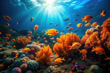 Naklejka premium Underwater Paradise: Long Exposure Orange Fish Coral Reef Sunlight Scene