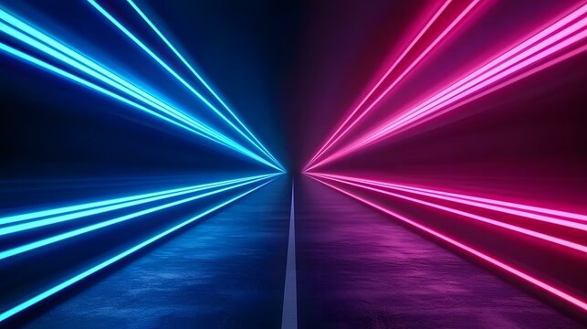 The image shows a dark, futuristic road splitting into two directions, each illuminated by vibrant neon lines; bright blue on the left and pink on the right.