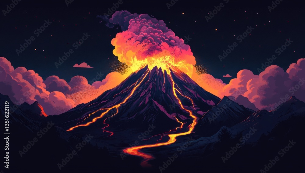 Poster volcano erupting with lava and smoke, creating an intense display of natural forces. the background 