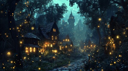 Naklejka premium An enchanted village hidden in a deep forest with glowing fireflies. 