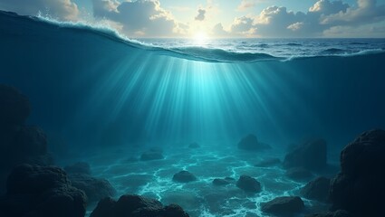 Sunlit ocean scene, half above, half below water, showing rocks and seabed