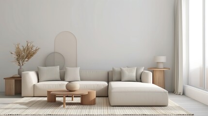 A sleek and modern living room featuring a spacious, cozy sofa and minimalist decor in warm earthy tones, creating a serene and inviting atmosphere ideal for relaxation.