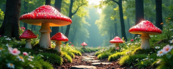 Giant mushrooms, checkered path, whimsical forest , enchantment, fungi, photography