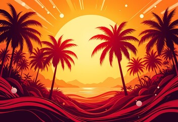 Silhouette palm trees at sunset beach. Summer vacation, tropical paradise.