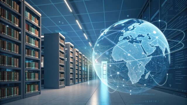 Digital education, futuristic library, holographic globe