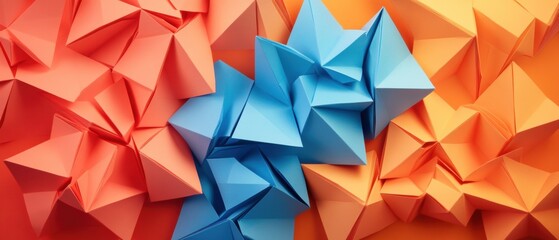 Obraz premium Colorful Geometric Paper Shapes in Blue, Orange, and Red Creating an Abstract Background for Design or Art Projects